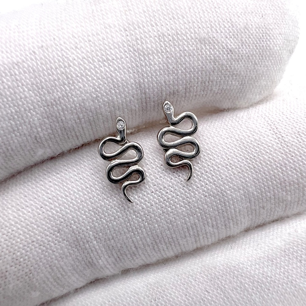 .925 Sterling Silver Snake Earrings with Cz Accent - Picture 4 of 14
